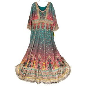 SATRANGI Indian Anarkali Gown Dress Multi-Color Brocade Mirror Work & Beading XL